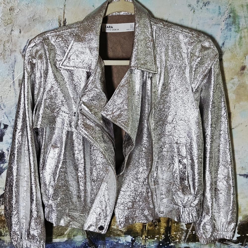 ZARA Z1975 Metallic Silver Cropped Bomber Jacket Sz.S